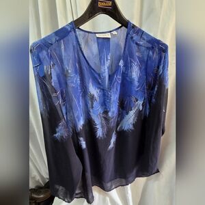 Susan Graver Blue Feather Print Blouse